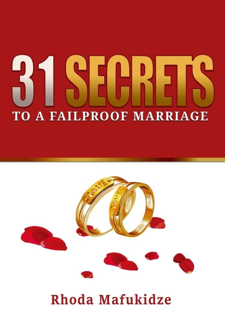 Cover of 31 Secrets to a Failproof Marriage by Rhoda Mafukidze — two gold wedding bands and scattered rose petals below a deep red title panel.