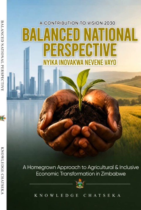 Cover of Balanced National Perspective: Nyika Inovakwa Nevene Vayo by Knowledge Chatseka — cupped hands holding a seedling in soil, city skyline and farmland behind.