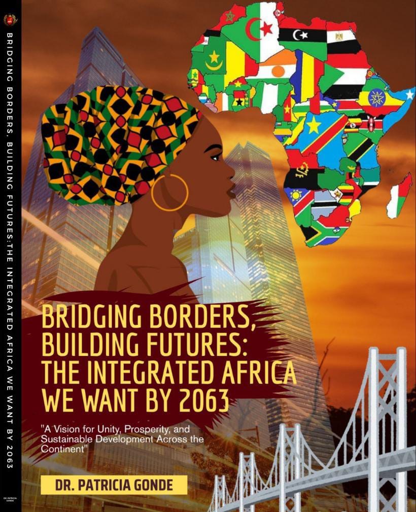 Cover of Bridging Borders, Building Futures: The Integrated Africa We Want by 2063 by Dr Patricia Gonde — a woman in a patterned headwrap in profile against a map of Africa in national flags.