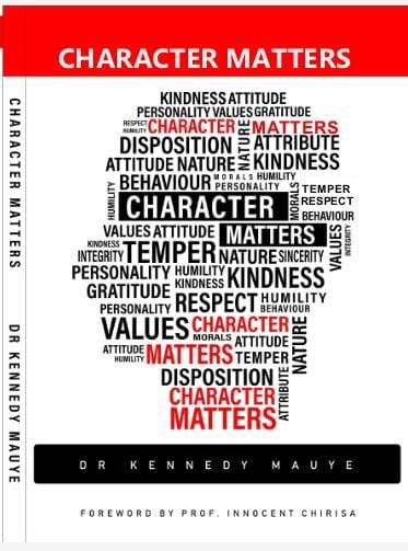 Cover of Character Matters by Dr Kennedy Mauye — a word cloud of character traits forming a head in profile, red and black on white.