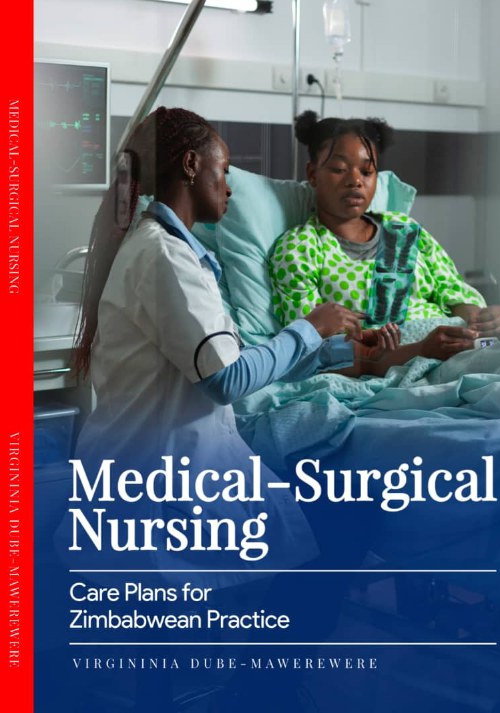 Cover of Medical-Surgical Nursing: Care Plans for Zimbabwean Practice by Virgininia Dube-Mawerewere — a nurse attending to a patient at the bedside.