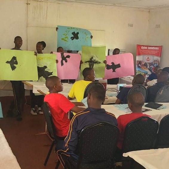 Pupils holding up hand-drawn story posters at a TisuMazwi creative literacy workshop.