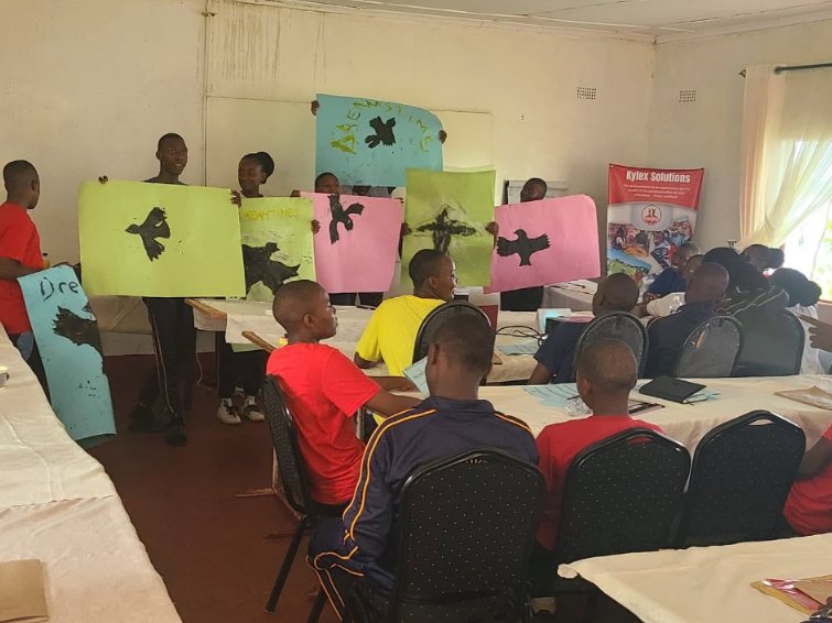 Pupils holding up hand-drawn story posters at a TisuMazwi creative literacy workshop.