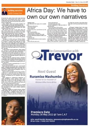 Newspaper feature on owning African narratives, alongside an In Conversation with Trevor billing.