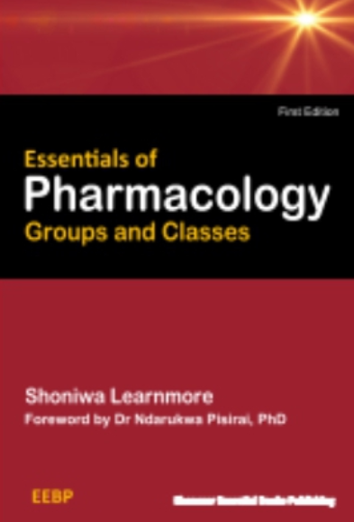 Cover of Essentials of Pharmacology: Groups and Classes by Shoniwa Learnmore — white and gold lettering on a black panel over a deep red cover with a starburst.